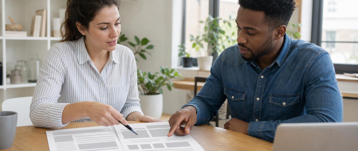 Two people going through printed website layouts at a table