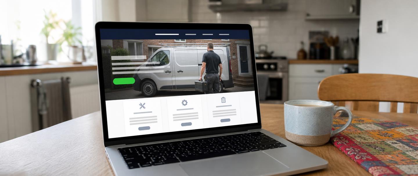 Laptop on a kitchen table showing a trades website