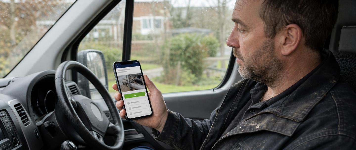 Tradesman in his van looking at a website on his phone