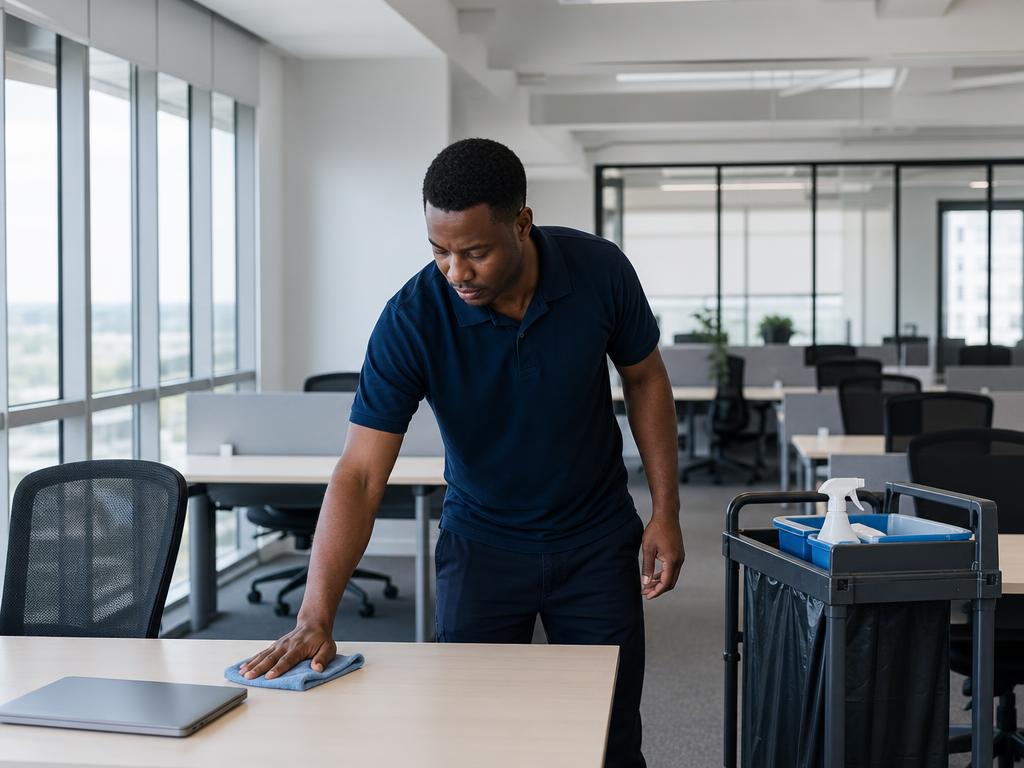 Cleaner wiping down desks in a bright modern office