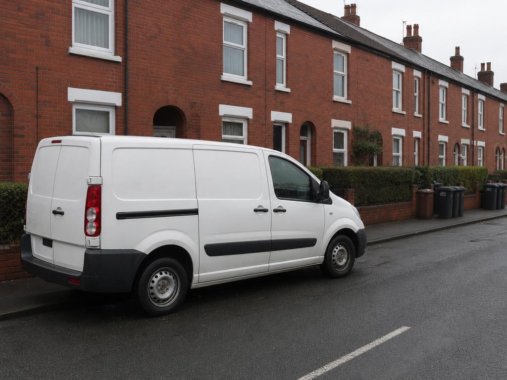 White work van parked on a red brick terraced street